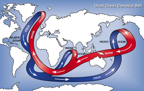 La circulacin global ocenica entre aguas fras y profundas y aguas clidas y superficiales influye enormemente en los climas regionales de todo el mundo. Imagen cedida por cortesa del Laboratorio Nacional de Argonne. <A HREF= http://www.anl.gov/OPA/frontiers/d8ee2.html target=_blank>[Ms informacin]</A>