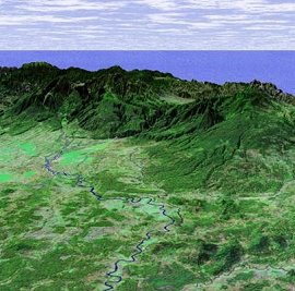 Un paisaje tridimensional generado por ordenador de las llanuras costeras caribeas de Costa Rica, basado en datos de satlite. [<A HREF= http://photojournal.jpl.nasa.gov/catalog/PIA03366 target=_blank>Ms</A>]