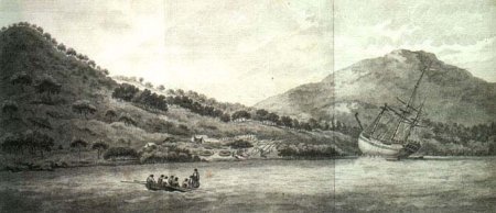 El Endeavour encalla en Australia despus de una colisin con la Gran Barrera de Coral. Grabado del libro: An Account of the voyages de John Hawkesworth. Crdito: National Library de Australia. [<A HREF= http://www.nla.gov.au/collect/treasures/mar_treasure.html target=_blank>Ms</A>]