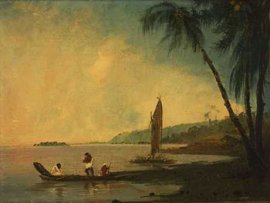 La vista desde Punta Venus, Tahit, donde Cook y sus hombres observaron el trnsito de Venus.: leo sobre tela de William Hodges, 1744-1797. Crdito National Library de Australia. [<A HREF= http://www.nla.gov.au/collect/treasures/mar_treasure.html target=_blank>Ms</A>]