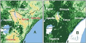 Este par de imgenes de satlite NOAA/AVHRR muestra Kenia y sus reas prximas en Diciembre 1996 (A) y Diciembre 1997 (B). Los efectos verdes reflejan un incremento de lluvias, lo cual crea condiciones para un brote de la Fiebre del Valle del Rift en Diciembre del 1997. <A HREF= http://www.cdc.gov/ncidod/EID/vol8no2/01-0023.htm target=_blank>[Ms]</A> 
