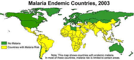 Países afectados por malaria endémica se indican en amarillo. Imagen cortesía de CDC.