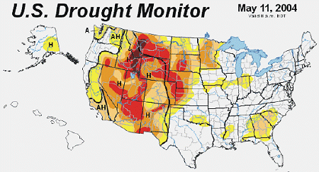 La mayor parte de los estados del Oeste de la Unión Americana están sufriendo de algún grado de sequía. El color más oscuro en este mapa representa la categoría más extrema de sequía en la clasificación del esquema de NOAA. Haga clic en la imagen para una versión más grande con leyenda. Imagen cortesía del Centro Nacional de Mitigación de Sequía, en <A HREF= http://www.drought.unl.edu/dm/monitor.html target=_blank>National Drought Mitigation Center</A>