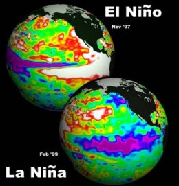 Patrones de temperatura de superficie correspondientes al Nio y a La Nia. Rojo / blanco denota agua ms caliente, prpura denota ms fra. El contenido de calor del agua se calcul desde el satlite de mediciones de la altura del agua TOPEX / Poseidn. [<A HREF= http://topex-www.jpl.nasa.gov/science/el-nino.html target=_blank>Ms</A>] 