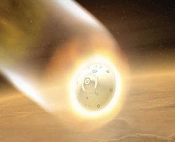 Una visin artstica de la cpsula de retorno de muestras de la Gnesis [<a href=http://genesismission.jpl.nasa.gov/mission/recgallery_renderings.html target=_blank><u>Ms</u></a>]