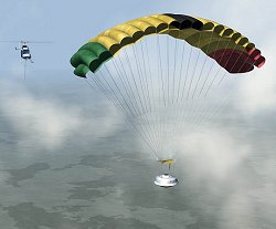 Una visin artstica del helicptero a punto de enganchar a la cpsula Gnesis en vuelo. [<a href=http://genesismission.jpl.nasa.gov/mission/recgallery_renderings.html target=_blank><u>Ms</u></a>]