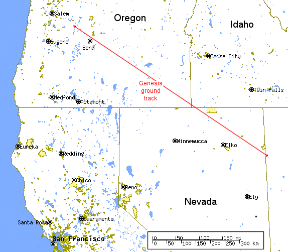 La ruta de reentrada de la Génesis. Haga <a href=http://science.nasa.gov/headlines/y2004/images/genesisreentry/tigermap1024_grid.gif target=_blank><u>click</u></a> para observar una imagen ampliada del mapa con marcas de latitud y longitud.