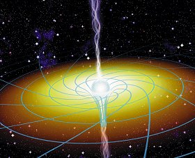 Una representación artística del espacio-tiempo retorcido alrededor de un agujero negro que gira. Cortesía de Joe Bergeron de la revista Sky & Telescope