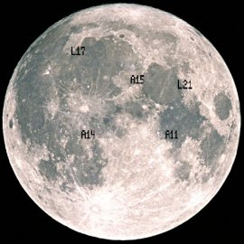 La ubicacin de los reflectores lunares.  Los sitios marcados con A son sitios de aterrizaje de las misiones Apollo.  Los sitios marcados con L denotan a los rovers Soviticos Lunokhod. [<a href=http://physics.ucsd.edu/%7Etmurphy/apollo/lrrr.html target=_blank>Ms informacin</a>]