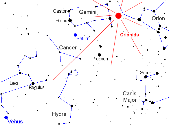 Mapa del cielo matutino del Jueves 21 de Octubre a las 5:30 a.m., visto mirando hacia el sureste. Haga click <a href=http://science.nasa.gov/headlines/y2004/images/magicalmorning/skymap_north.gif target=_blank><u>aquí</u></a> para ver un mapa mayor y más completo.