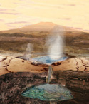 El concepto de un artista de los antiguos puntos calientes en Marte donde la hematita se habra acumulado. <a href=http://science.nasa.gov/headlines/y2001/ast28mar_1.htm target=_blank>[ms]</a>
