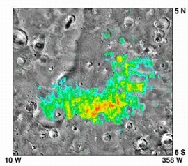 La distribucin de la hematita en Sinus Meridiani, donde se indica el Meridiani Planum. Reimpreso de "Mapeado global de los depsitos minerales de hematita en Marte: Retazos de procesos originados por corrientes de agua en los comienzos de Marte" ("Global mapping of Martian hematite mineral deposits: Remnants of water-driven processes on early Mars"), por P.R. Christensen et al., J. Geophys. Res., 106, 23873-23885.<a href="http://science.nasa.gov/headlines/y2001/ast28mar_1.htm">[ms]</a>
