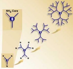 Las nanopartculas que usa el grupo de Baker se llaman dendrmeros, y se construyen aadiendo segmentos ramificados alrededor de un ncleo central. 
<i>Imagen cortesa de la Universidad de Michigan-Ann Arbor. [<a href=http://nano.med.umich.edu/Dendrimers.html target=_blank><u>Ms</u></a>].</i>
