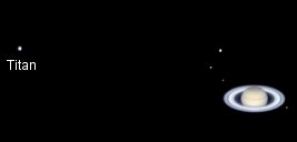 Utilizando un telescopio de 9.25, el astrnomo amateur Pim Valk de Holanda tom esta fotografa de Saturno y Titn el 3 de enero de 2004. [<A HREF= http://science.nasa.gov/headlines/y2004/images/planets2/Valk1_labeled.jpg target=_blank>Imagen ms grande</A>]