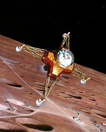 Recreacin artstica de una <a href=http://science.nasa.gov/headlines/y2004/images/solarminimum/moonship.jpg target=_blank>nave espacial robot.</a> <i>Imagen: Pat Rawling.</i> 
[<a href=http://www.nasa.gov/missions/solarsystem/explore_main.html target=_blank><u>Ms</u></a>]
