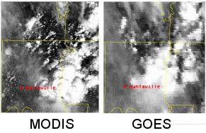 Una comparación entre imágenes de MODIS y de GOES tomadas sobre el mismo área, una región de cuatro condados de Alabama, el mismo día. La imagen de MODIS es mucho más nítida.