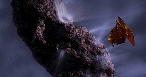 Concepcin artstica de Deep Impact. 
<i>Crdito: <a href= http://deepimpact.jpl.nasa.gov/gallery/DI_Rawlings.html target=_blank>Pat Rowlings</a></i>
[<a href= http://deepimpact.jpl.nasa.gov/gallery/art.html target=_blank><u>Ms informacin</u></a>]
