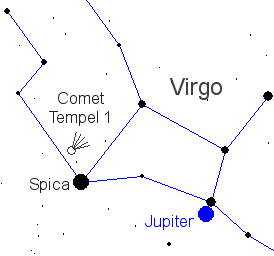Busque al cometa Tempel 1 cerca de la brillante estrella Spica los das 3 y 4 de julio 
[<a href=http://science.nasa.gov/headlines/y2005/images/deepimpact/skymap_north.gif target=_blank><u>mapa celeste ms grande</u></a>]