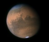 Marte visto a travs de un telescopio de 10 pulgadas, el 18 de septiembre de 2005. El norte esta hacia arriba. 
<i>Crdito: <a href= mailto:alan@greatarrow.com>Alan Friedman</a> de Buffalo, Nueva York.</i>

