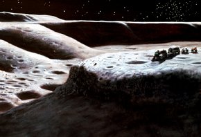 El concepto de una base lunar polar del artista Pat Rawlings
(<a href=http://www.spaceflight.nasa.gov/gallery/images/mars/lunaractivities/html/s88_33693.html target=_blank>Más Información</a>)