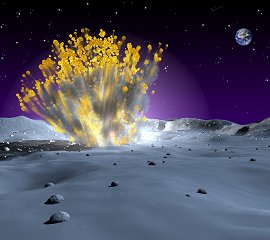 Una visin artstica de la explosin del 7 Nov. 2005. 
<i>Crditos: NASA/MSFC</i>
[<a href=http://science.nasa.gov/headlines/y2005/images/lunartaurid/impact2.jpg>Agrandar la imagen</a>]
