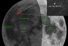 El punto rojo seala la localizacin del impacto de meteroide del 7 Nov. 2005. 
<i>Crditos: NASA/MSFC/Bill Cooke</i>
[<a href=http://science.nasa.gov/headlines/y2005/images/lunartaurid/sitemap_new_big_spanish.jpg target=_blank>Agrandar imagen</a>]
