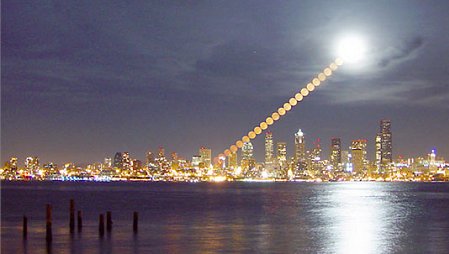 Una secuencia de tiempo de la Luna sobre Seattle. Para la cmara, la luna aparenta tener el mismo tamao no importa su ubicacin en el cielo. 
<i>Crdito y derechos de autor: Shay Stephens.</i>
[<a href=http://antwrp.gsfc.nasa.gov/apod/ap020130.html target=_blank><u>Ms informacin</u></a>]
