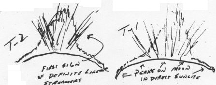 <a href= http://science.nasa.gov/headlines/y2005/images/moonstorms/mc.jpg  target=_blank>Luces crepusculares</a> de polvo bosquejados por astronautas del Apolo 17 en el ao 1972. [<a href= http://science.nasa.gov/headlines/y2005/images/moonstorms/mccoy_criswell.pdf target=_blank>Ms informacin</a>]