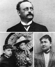 La familia de Einstein: Albert y su hermana Maja (abajo a la izquierda), su padre Hermann (arriba), y su madre, Pauline (abajo a la derecha). 
[<a href=http://www.th.physik.uni-frankfurt.de/%7Ejr/physpiceinfam.html target=_blank><u>Ms informacin</u></a>]
