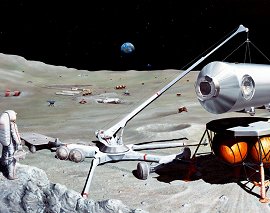 Concepcin del artista Pat Rawling de una base lunar con personal. 
[<a href= http://www.spaceflight.nasa.gov/gallery/images/mars/lunarbases/html/s84_43855.html target=_blank>Ms informacin</a>]
