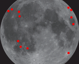 Cada punto rojo indica un impacto de meteorito observado desde noviembre de 2005 por los miembros de la Oficina de Ambiente de Meteoritos de la NASA. 
[<a href= http://www.nasa.gov/centers/marshall/news/lunar/  target=_blank>Ms informacin</a>]
