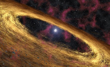 <a href= http://www.spitzer.caltech.edu/Media/releases/ssc2006-10/ssc2006-10b.shtml target=_blank>Concepto artístico</a> de un disco de formación planetaria alrededor del púlsar 4U 0142+61 [<a href=http://www.spitzer.caltech.edu/media/releases/ssc2006-10/ssc2006-10v1.shtml>Animación</a>