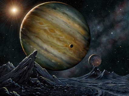 Imagen artística de HD23079 visto desde una hipotética luna.
Autor : David A. Hardy