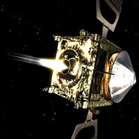 Concepto artístico del primer encendido de prueba del motor principal de la nave espacial Venus Express, realizándose en el espacio durante la noche de 16/17 febrero 2006. El encendido comenzó a las 01:27 CET y duró unos tres segundos. Créditos: ESA Pulsa <a href="http://www.esa.int/esaCP/SEME02NFGLE_index_1.html" target="_blank">aquí</a> para agrandar.