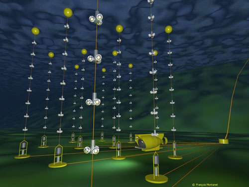  Representacin en imgenes virtuales del detector submarino Antares. Este telescopio de neutrinos europeo est instalado a 2.400 metros de profundidad a 10 millas nuticas al sur de la isla de Porquerolles. Doce lneas de 400 metros de longitud, cada una de ellas con 75 sensores especiales (fotomultiplicadores) rastrearn la nfima huella luminosas dejada en el agua por un mun, partcula cargada, procedente del rarsimo encuentro de un tomo de materia y de un neutrino. Los investigadores esperan que mediante este procedimiento se pueda deducir la direccin de donde provienen los neutrinos. Una informacin que permitira identificar la fuente de los mismos: cataclismo csmico o materia nueva desconocida.  CNRS Photothque/IN2P3  Montante Franois  Prohibida su reproduccin y utilizacin.