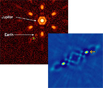 Dos puntos de vista: planetas simulados como se observan a travs de un corongrafo (izq.) y un interfermetro infrarrojo.