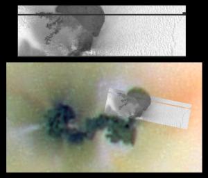 Esta es una imagen de alta resolucin de parte del Prometeo, un volcn activo sobre la volcnica luna de Jpiter, Io. En imgenes previas de menor resolucin, pareca que todo el material oscuro en Prometeo se compona de un solo y largo flujo de lava. La nueva imagen muestra por primera vez que el extremo noreste de esta oscura caracterstica en realidad es una caldera llena de lava de 28 kilmetros de largo (17 millas) y 14 kilmetros de ancho (9 millas). La fuente subterrnea de la lava del Prometeo probablemente est debajo de esta caldera recin descubierta. Los cientficos del Galileo tambin estn intrigados por el campo de nieve que contiene montculos, vistos al este de la caldera de Prometeo. [<A HREF=http://photojournal.jpl.nasa.gov/cgi-bin/PIAGenCatalogPage.pl?PIA02508 target=_blank>Ms informacin</A>].