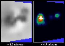 El volcn activo Prometeo sobre la luna de Jpiter, Io, fue retratado por el instrumento el espectrmetro de mapeo del infrarrojo cercano a bordo de la sonda Galileo de la NASA durante el vuelo cercano a Io el 10 de octubre, 1999. El espectrmetro puede detectar volcanes activos en Io midiendo su calor en las longitudes de onda del infrarrojo cercano (justo ms all del extremo rojo de la visin humana). Tambin puede obtener informacin de la composicin de los materiales sobre la superficie de Io usando las mismas longitudes de onda. La imagen de la izquierda, tomada en una longitud de onda infrarroja, muestra las diferentes composiciones de los materiales sobre volcn. Se cree que los materiales oscuros es silicato de lava y que el material blanco es dixido de azufre congelado. La imagen de la derecha fue tomada a una longitud de onda infrarroja ms grande que muestra el calor saliendo del volcn. Las reas ms calientes aparecen en blanco y las ms fras aparecen en negro.  [<A HREF=http://photojournal.jpl.nasa.gov/cgi-bin/PIAGenCatalogPage.pl?PIA02509 target=_blank>Ms informacin</A>]. 