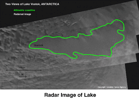 <b><big>Una Ojeada al Lago Vostok</big></b>
• Fué descubierto en la Antartida en 1996 por científicos rusos y británicos
• El lago descansa a 3.700 metros bajo la superficie helada
• Su composición se cree es agua fresca según la densidad estimada
• El lecho del lago está a 710 metros bajo el nivel del mar
• Tiene 125 metros de profundidad, de media
• más información y créditos de imagen