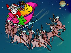 Concepto artstico de Duane Hilton sobre <a href=http://science.nasa.gov/images/santa_big.jpg target=_blank>Santa y sus renos</a> mientras entregan regalos de Navidad a las futuras colonias espaciales.