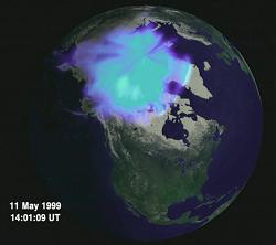 Visualizacin de datos de las emisiones de rayos x sobre el Polo Norte durante la lluvia polar de electrones del da 11 de mayo de 1999. Las emisiones fueron detectadas por el instrumento PIXIE del satlite Polar de la NASA. [<a href=http://science.nasa.gov/images/solarwind_gsfc/aurora_big.jpg target=_blank>agrandar imagen</a>]
