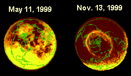 En estas dos imgenes con luz visible obtenidas por el Visible Imaging System (Sistema de Imagen Visible) se comparan las regiones de auroras boreales el da 11 de mayo de 1999 y un da normal (13 de noviembre de 1999). Fuente: Universidad de Iowa/NASA. [<a href=http://science.nasa.gov/images/solarwind_gsfc/northpole_big.gif target=_blank>agrandar imagen</a>]