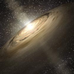Esta concepcin artstica ilustra un sistema solar que es una versin mucho ms joven que el nuestro. Se cree que los discos de polvo tales como el que se muestra aqu son los campos de cra de los planetas, incluyendo a los rocosos como la Tierra.
Crdito por la imagen: NASA/JPL/Caltech
