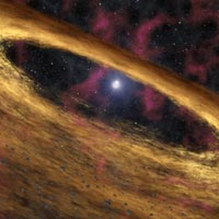 Esta figuración artística representa un tipo de estrella muerta denominada púlsar y al disco de escombros que la rodea descubierta por el Telescopio Espacial Spitzer de la NASA. Crédito por la imágen: NASA/JPL-Caltech
<ul>
<li><a href="http://www.jpl.nasa.gov/videos/spitzer/pia08040.mov" target=_blank>Animación relacionada (6.7Mb)</a>: Esta animación artística representa la explosiva defunción de una estrella masiva, seguida por la creación de un disco fabricado a partir de las cenizas de la estrella.</a></li>
<li><a href="http://www.jpl.nasa.gov/images/spitzer/pia08040-browse.jpg" target=_blank>Echa un vistazo a la imágen </a></li>
</ul>
<strong>Enlaces relacionados:</strong>
<ul>
<li><a href="http://www.jpl.nasa.gov/multimedia/podcast/spitzer-20060405/" target=_blank> Podcasts relacionados</a></li>
<li><a href="http://www.jpl.nasa.gov/multimedia/audioclips/spitzer-20060405/" target=_blank>clips de audio para los medios</a></li>
<li><a href="http://www.spitzer.caltech.edu/spitzer/" target=_blank> Página principal del Spitzer</a></li>
<li><a href="http://www.nasa.gov/audience/formedia/features/spitzer-20060405.html" target=_blank>Más imágenes en la página de medios de teleconferencia</a></li>
</ul>
