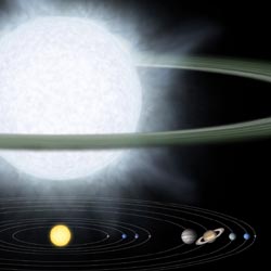 Esta ilustración compara el tamaño de una estrella inmensa y su disco circundante (arriba) con el de nuestro sistema solar.