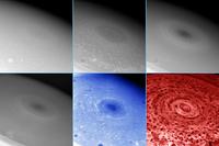 <p>Estas imgenes del polo sur de Saturno, tomadas por dos instrumentos diferentes, muestran a la tormenta tipo huracn girando y caracteriza las nubes a diversas profundidades rodeando el polo.</p>