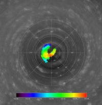 <p>Esta imagen muestra datos de temperaturas del espectrmetro compuesto, sobrepuestas a una imagen de la cmara de gran angular del sistema de imgenes cientficas.</p>