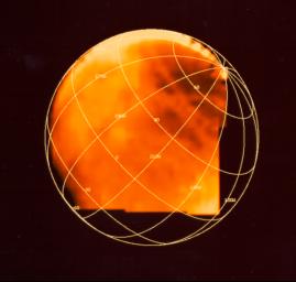 Ácido sulfúrico congelado en la luna de Júpiter, Europa se muestra en esta imagen obtenida de los datos enviados por la nave espacial Galileo de la NASA. Las áreas brillantes donde el amarillo es más intenso, representan regiones con grandes concentraciones de ácido sulfúrico congelado. El ácido sulfúrico se encuentra en el ácido de las baterías y en la lluvia ácida de la Tierra. Esta imagen fue creada con base en información obtenida de Galileo por el espectrómetro de mapeo infrarrojo. El hemisferio principal de Europa, abajo a la derecha, allí se encuentran concentraciones mejoradas de ácido sulfúrico en el lado que se arrastra de Europa (el lado superior izquierdo de la imagen). Esta cara de Europa es golpeada por iones sulfúricos que vienen de la luna interior de Júpiter, Io. Las formas largas y estrechas que atraviesan Europa también muestran ácido sulfúrico que puede ser de un material sulfuroso expulsado en grietas. Crédito de la imagen: NASA/JPL.