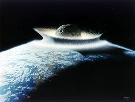El concepto del artista Don Davis de un impacto catastrfico con la Tierra. La vida cerca del impacto desaparecera debido a los efectos por altas temperaturas y presiones. La inyeccin de grandes masas de polvo (y gases) a la atmsfera podran bloquear de manera efectiva la luz solar por largos perodos de tiempo, al punto de que la mayor parte de la vida no podra ser sustentable (Invierno Nuclear). 
<i>Crdito: <a href= http://impact.arc.nasa.gov/ target=_blank><u>Centro Ames de la NASA.</u></a></i>
