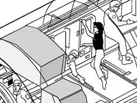 Recreacin de unos astronautas trabajando en el  Mdulo Laboratorio de EE.UU en la Estacin Espacial internacional. Enlace a <a href=http://science.nasa.gov/newhome/headlines/images/ms101/lab_large.gif target=_blank><u>GIF de 1169x1421-pxel, 88K.</u></a> 
<i>Imagen: NASA.</i>
